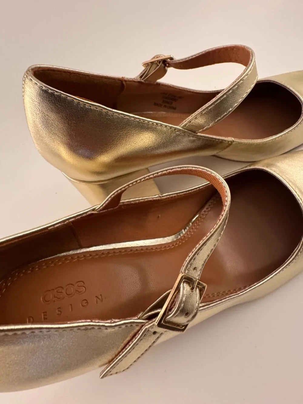 ASOS DESIGN Gold Metallic Mary Jane Block Heels Square Toe Buckle Pumps 7